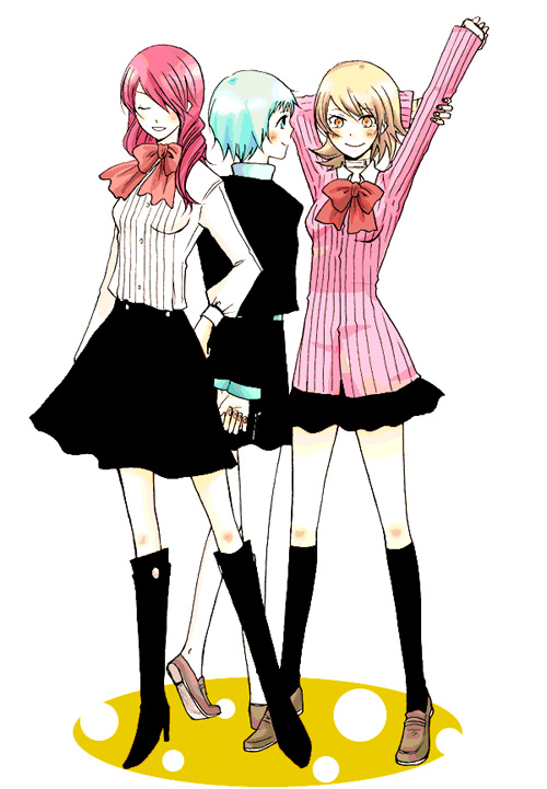 hinoda maki, kirijou mitsuru, takeba yukari, yamagishi fuuka, atlus, persona, persona 3, 3girls, blue hair, boots, brown hair, cardigan, multiple girls, pantyhose, red hair, ribbon, school uniform, serafuku, skirt, smile, socks