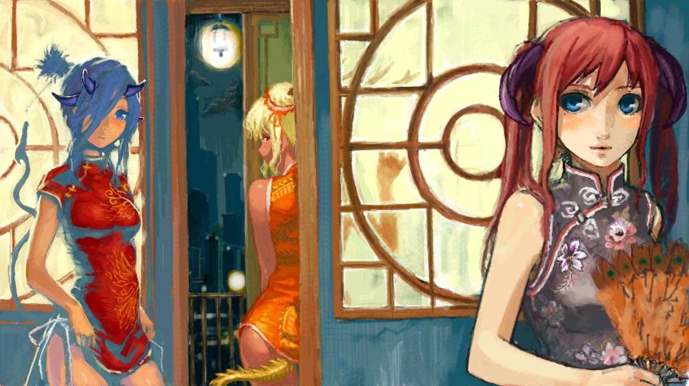 azusa (hws), original, 3girls, bare shoulders, blonde hair, blue eyes, blue hair, china dress, chinese clothes, dress, folding fan, hand fan, horns, multiple girls, red hair
