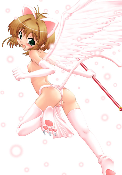 hase yu, kinomoto sakura, cardcaptor sakura, 1990s (style), 1girl, animal ears, blush, breasts, brown hair, cat ears, cat tail, elbow gloves, female focus, flat chest, gloves, green eyes, hoshi no tsue, loli, magical girl, nipples, panties, retro artstyle, solo, tail, thighhighs, underwear, wings