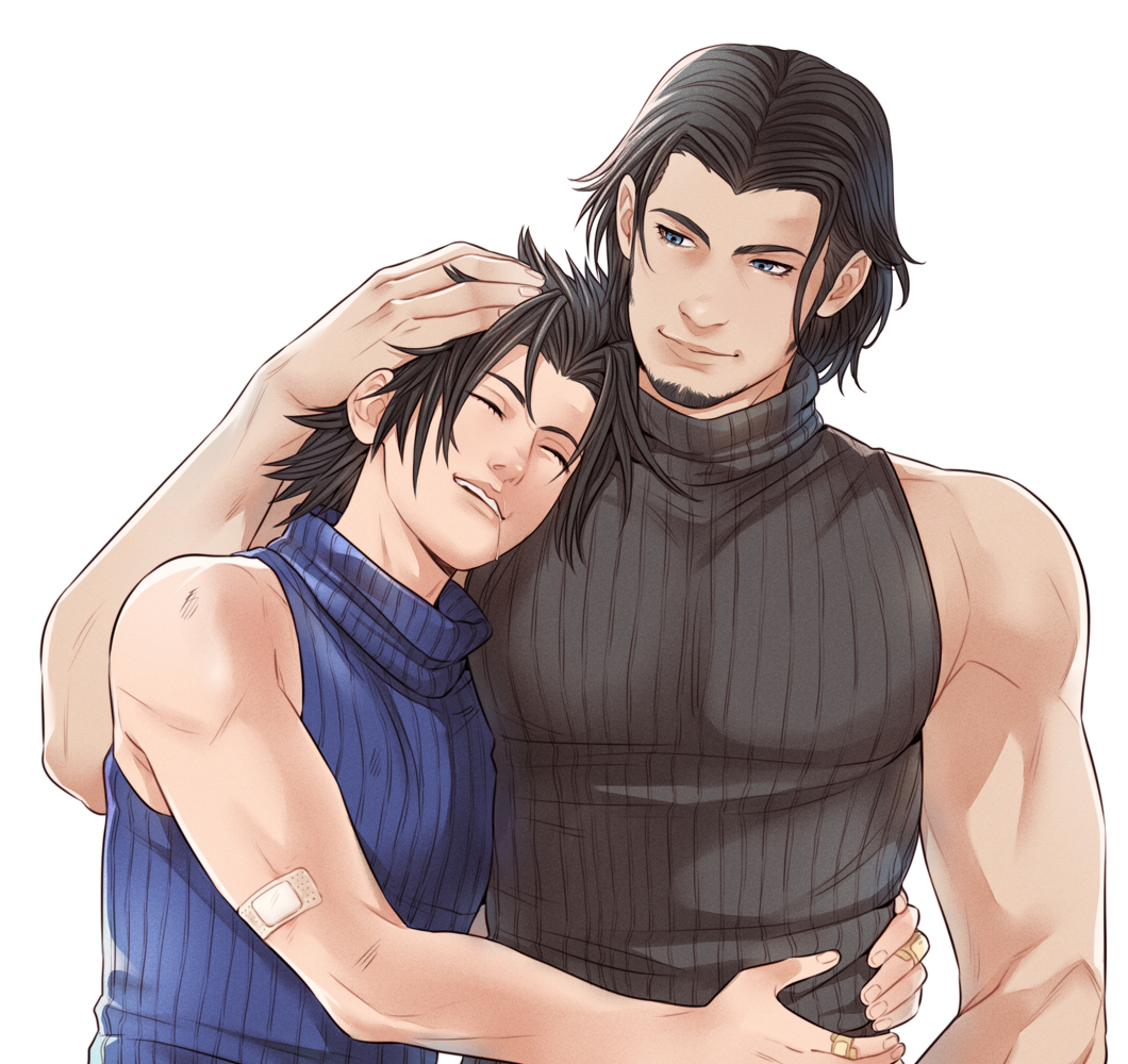 crylin6, angeal hewley, zack fair, crisis core final fantasy vii, final fantasy, final fantasy vii, 2boys, bare shoulders, black hair, black sweater, blue eyes, blue sweater, closed eyes, drooling, facial hair, hand on another's head, hug, leaning on person, male focus, multiple boys, ribbed sweater, saliva, short hair, sleeping, spiked hair, sweater, upper body, white background