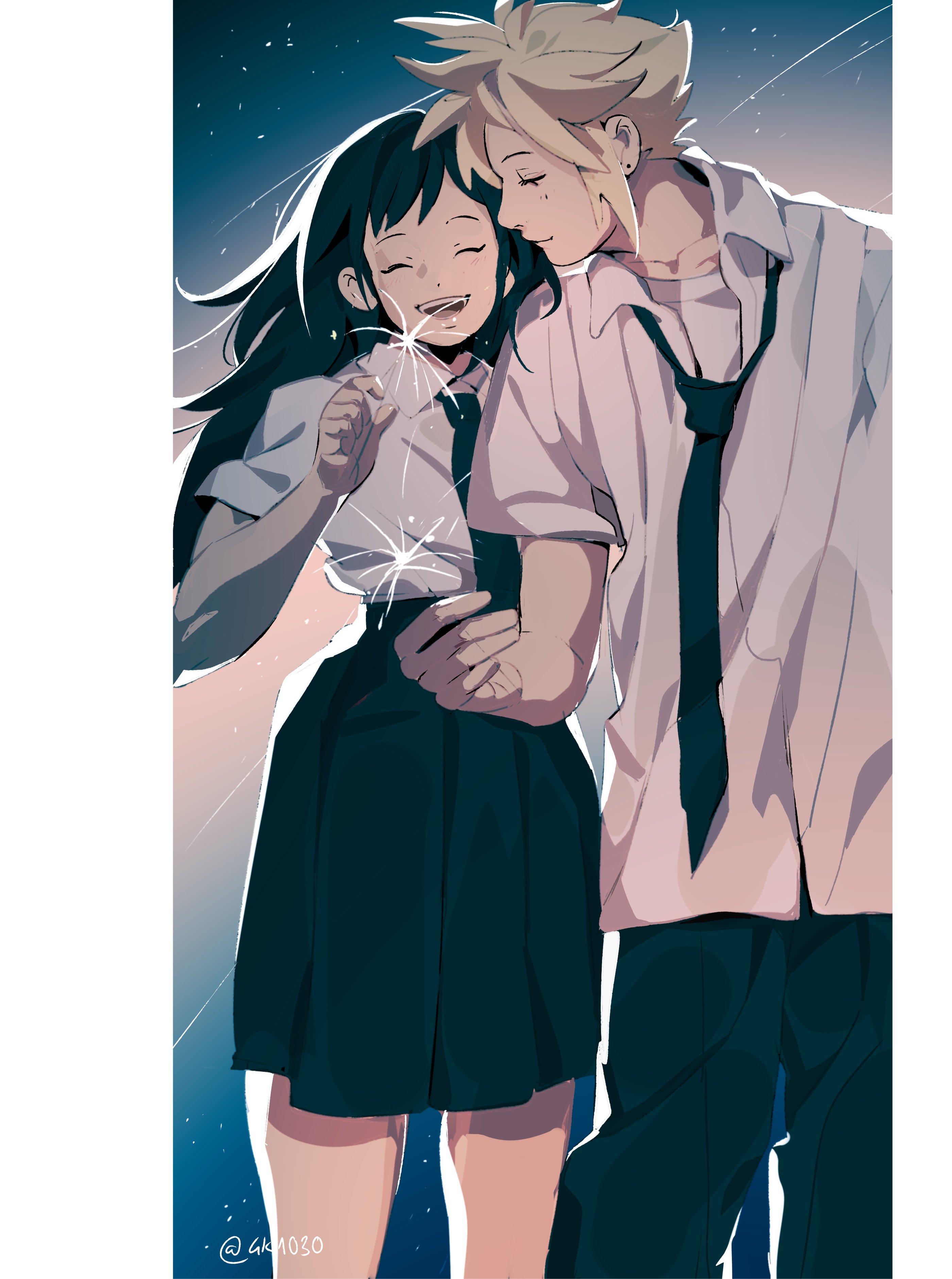 4k1030, cloud strife, tifa lockhart, final fantasy, final fantasy vii, absurdres, highres, 1boy, 1girl, black hair, black necktie, black pants, black skirt, blonde hair, collared shirt, contemporary, feet out of frame, fireworks, height difference, holding, holding fireworks, long hair, looking at another, loose necktie, necktie, night, night sky, open mouth, outdoors, pants, pleated skirt, school uniform, shirt, shooting star, short hair, skirt, sky, smile, sparkler, standing, star (sky), starry sky, twitter username, white shirt