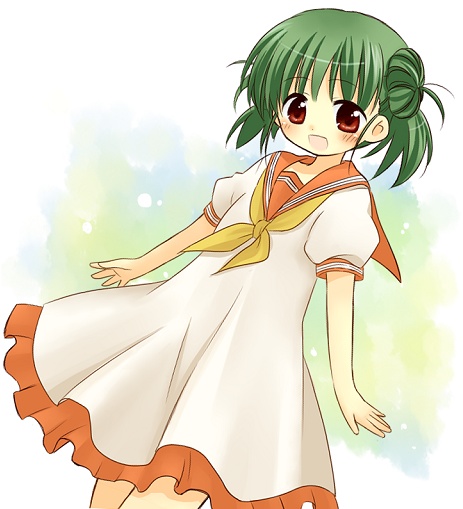 kimiyoshi natsumi, higurashi no naku koro ni, 00s, 1girl, donut hair bun, female focus, green hair, hair bun, red eyes, solo