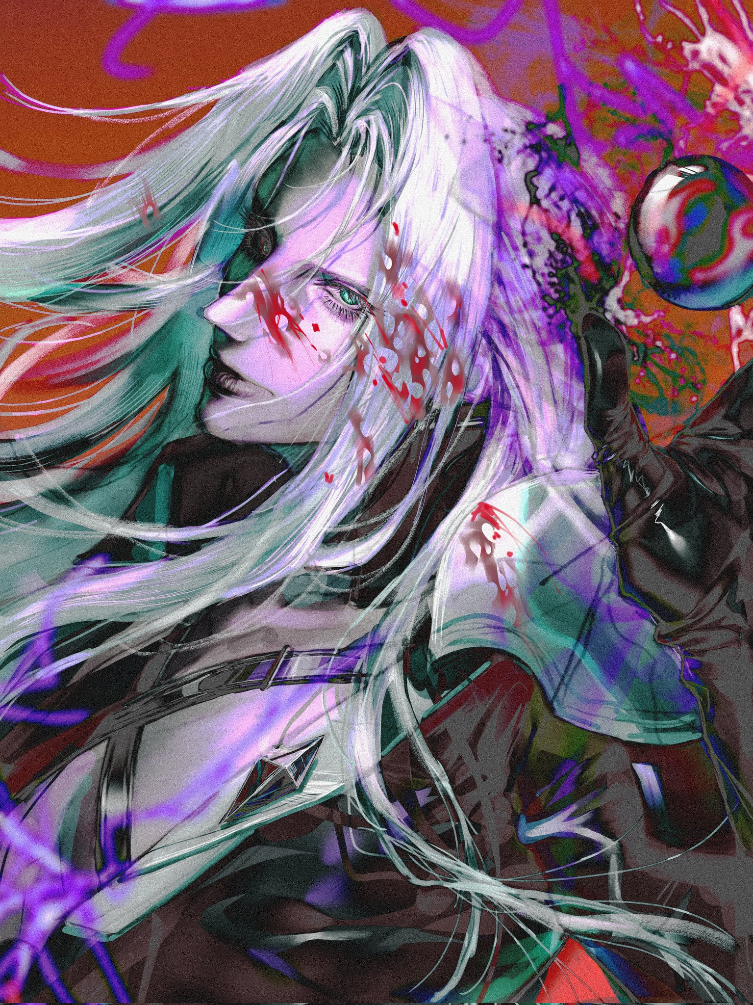 sephiroth, final fantasy, final fantasy vii, final fantasy vii rebirth, final fantasy vii remake, highres, 1boy, armor, black coat, black gloves, black materia, blood, blood on face, chest strap, closed mouth, coat, gloves, green eyes, grey hair, long hair, looking at viewer, lzunxit, male focus, materia, parted bangs, red background, shoulder armor, solo, upper body