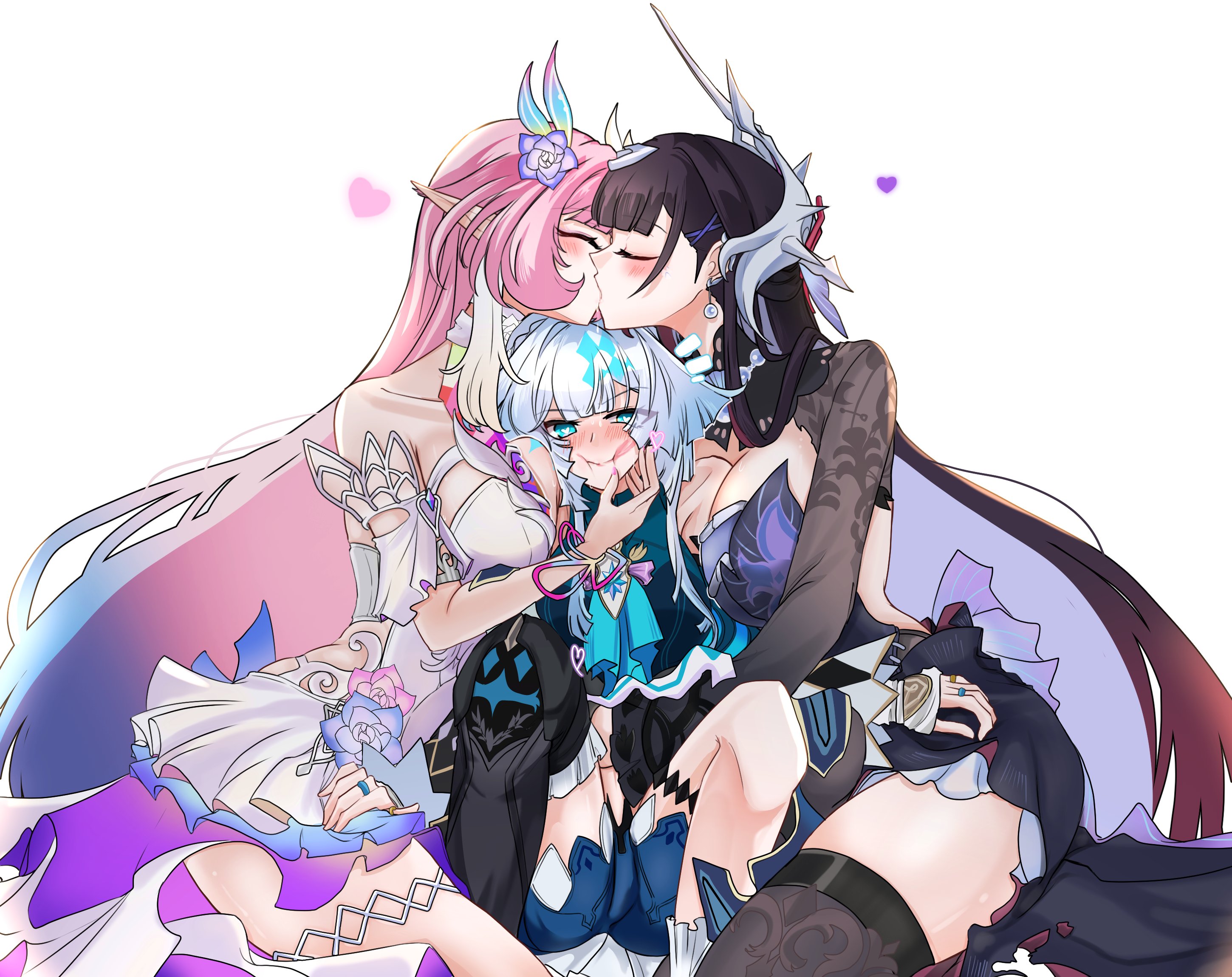 choikfu, cerydra (honkai: star rail), cyrene (honkai: star rail), cyrene (ripples of past reverie) (honkai: star rail), hysilens (honkai: star rail), honkai: star rail, honkai (series), commentary, english commentary, highres, 3girls, :i, ^^^, ascot, backless dress, backless outfit, bare shoulders, black hair, black thighhighs, blue dress, blue eyes, blue hair, blush, boots, bracelet, breasts, cleavage, closed mouth, detached sleeves, dress, earrings, embarrassed, face-to-face, frilled sleeves, frilled socks, frills, girl sandwich, grabbing another's chin, hand on another's chin, hands on another's thighs, head out of frame, heart, height difference, high-low dress, jewelry, kiss, knees up, large breasts, long hair, long sleeves, looking at viewer, medium breasts, multicolored hair, multiple girls, nose blush, notice lines, pearl earrings, pink hair, pointy ears, pout, profile, raised eyebrows, ring, sandwiched, short dress, short sleeves, shrug (clothing), simple background, single sock, single thigh boot, sitting, sleeves past wrists, socks, spread legs, straight hair, strapless, strapless dress, thigh boots, thighhighs, thighlet, thighs, third wheel, thumb ring, two-tone hair, very long hair, white background, white dress, yuri