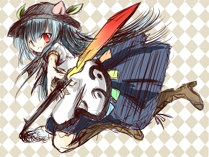 kohinata raichi, hinanawi tenshi, touhou, bad id, bad pixiv id, 1girl, blue hair, female focus, food, fruit, hat, long hair, peach, solo, sword, sword of hisou, weapon