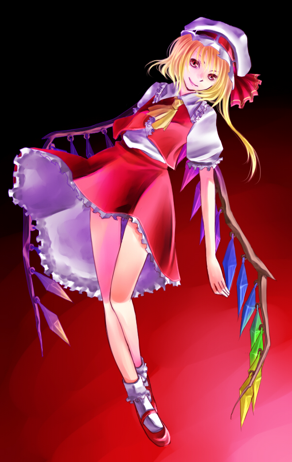 itsuki (itu-ki), flandre scarlet, touhou, 1girl, blonde hair, blouse, crystal, female focus, full body, gradient background, hat, leaning to the side, mob cap, ponytail, ribbon, shirt, short hair, short hair with long locks, socks, solo, white shirt, wings