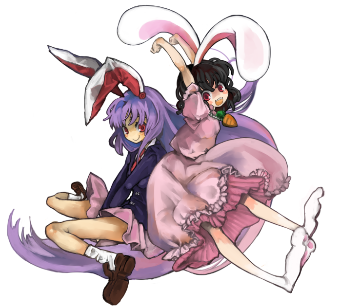kameari, inaba tewi, reisen udongein inaba, touhou, bad id, bad pixiv id, 2girls, animal ears, black hair, female focus, full body, long hair, multiple girls, purple hair, rabbit ears, short hair, simple background, white background