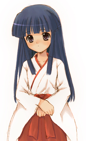seiru (prairie), furude rika, higurashi no naku koro ni, 00s, 1girl, blue eyes, blue hair, female focus, hakama, hakama skirt, hime cut, japanese clothes, matching hair/eyes, miko, red hakama, simple background, skirt, solo