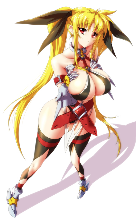 nekomamire, fate testarossa, fate testarossa (true sonic form), lyrical nanoha, mahou shoujo lyrical nanoha, mahou shoujo lyrical nanoha strikers, 00s, 1girl, adapted costume, belt, blonde hair, breasts, choker, female focus, full body, huge breasts, long hair, red eyes, shadow, solo, thighhighs, twintails, very long hair