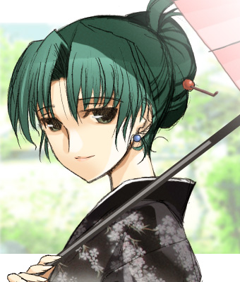 sonozaki akane, higurashi no naku koro ni, lowres, 00s, 1girl, black eyes, earrings, female focus, green eyes, green hair, japanese clothes, jewelry, kimono, light smile, looking at viewer, matching hair/eyes, mature female, parasol, smile, solo, umbrella