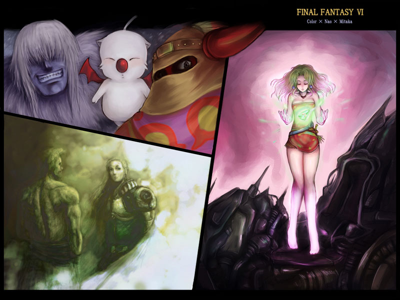 kara (color), edgar roni figaro, gogo, mog, moogle, sabin rene figaro, tina branford, umaro, final fantasy, final fantasy vi, 1990s (style), 1girl, 2boys, androgynous, armor, barefoot, copyright name, green hair, long hair, magic, magitek armor, mask, mecha, multiple boys, retro artstyle, robot, yeti (creature)