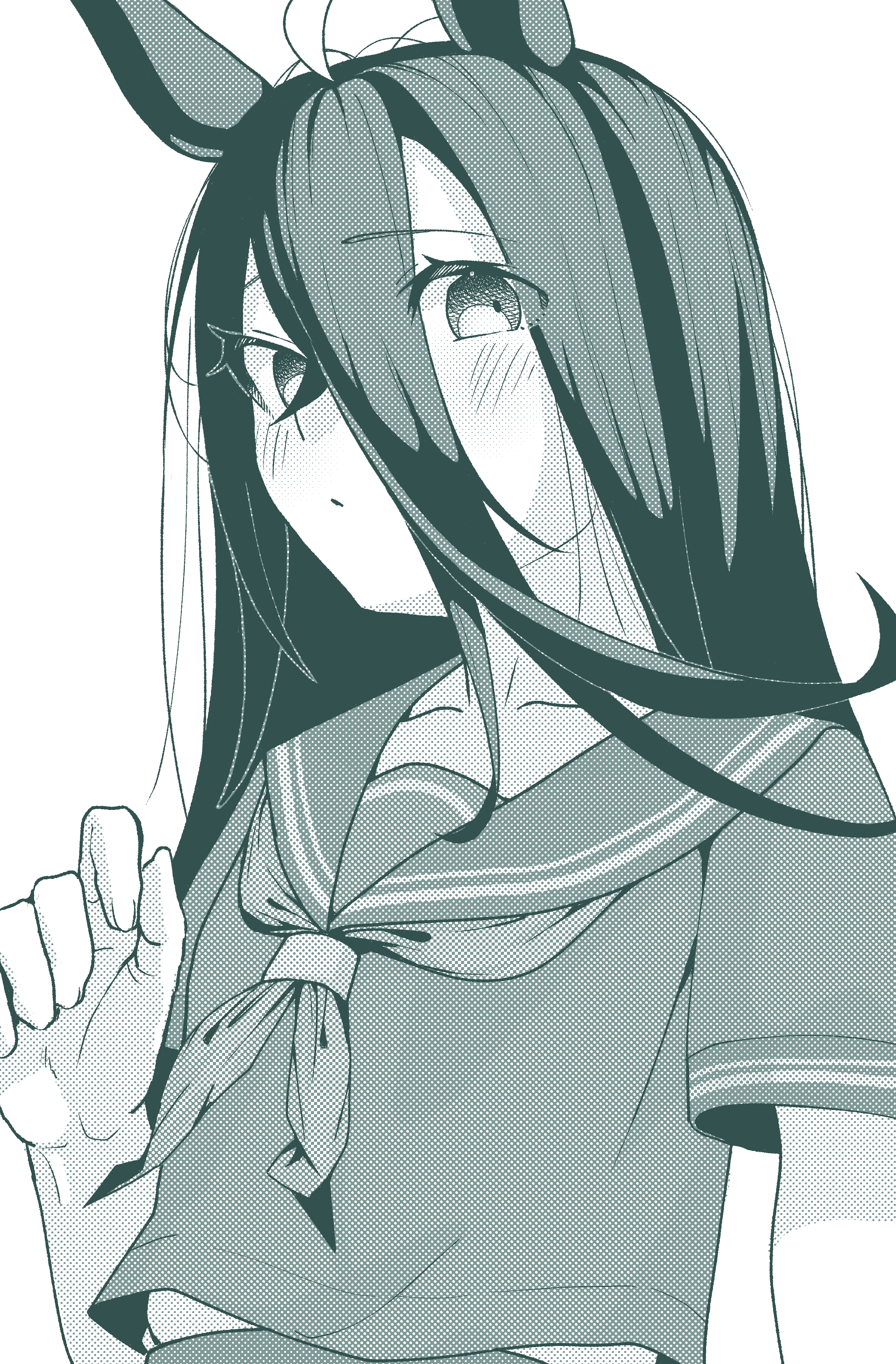 a4 (a4 eishi), manhattan cafe (umamusume), umamusume, absurdres, highres, 1girl, :/, ahoge, animal ears, blush, closed mouth, collarbone, hair between eyes, hand up, horse ears, horse girl, long bangs, long hair, long hair between eyes, multicolored hair, neckerchief, short sleeves, simple background, very long hair, white background