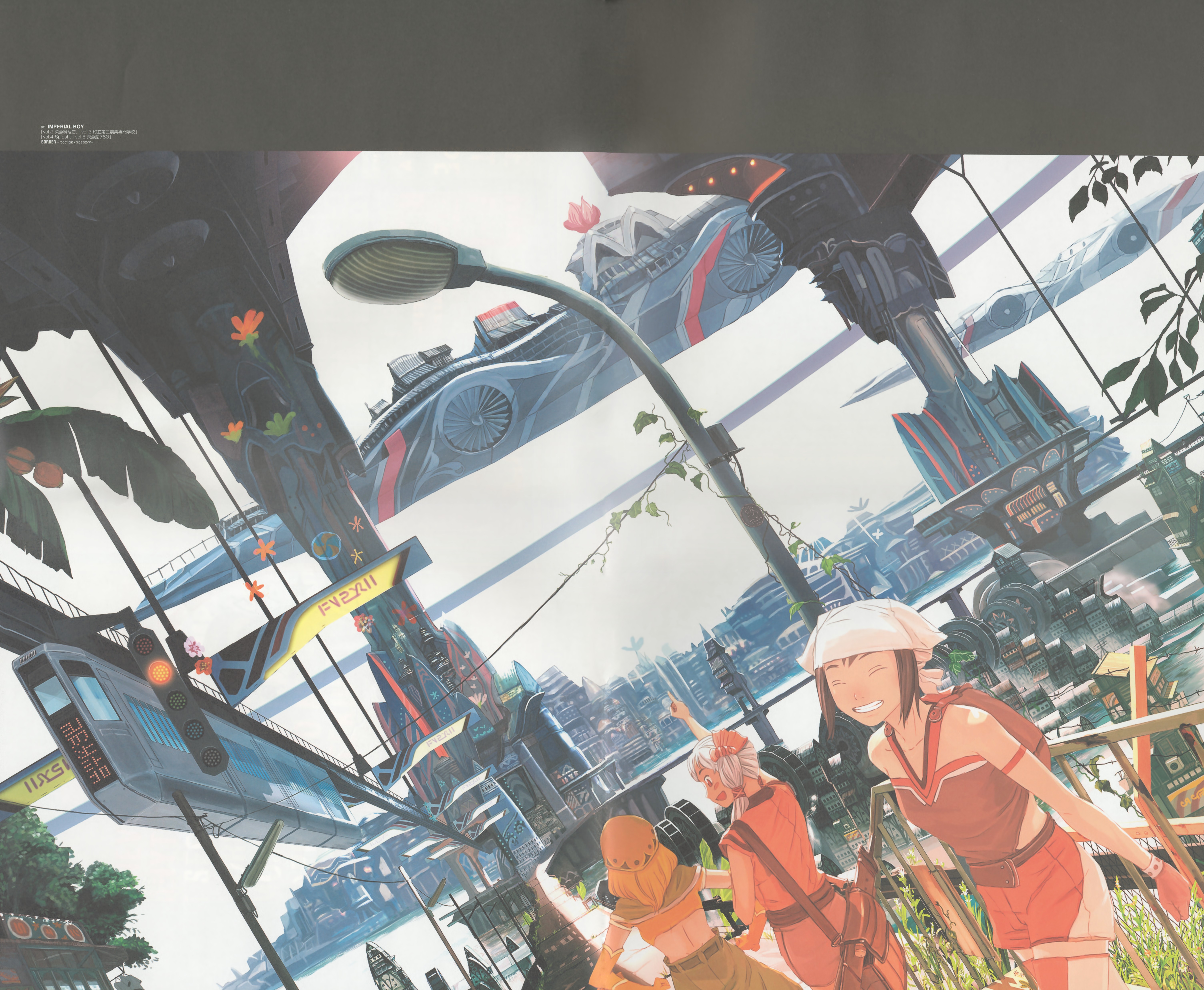 teikoku shounen, absurdres, highres, resolution mismatch, source larger, 3girls, backpack, bag, city, closed eyes, multiple girls, randoseru, scenery, smile