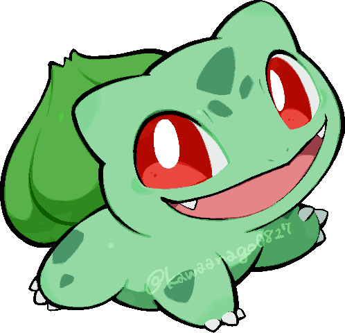 kawaanago, bulbasaur, nintendo, pokemon, commentary request, lowres, animal focus, bright pupils, bud, chibi, fangs, full body, gen 1 pokemon, no humans, nostrils, open mouth, pokemon (creature), pokemon focus, red eyes, smile, transparent background, twitter username, white pupils