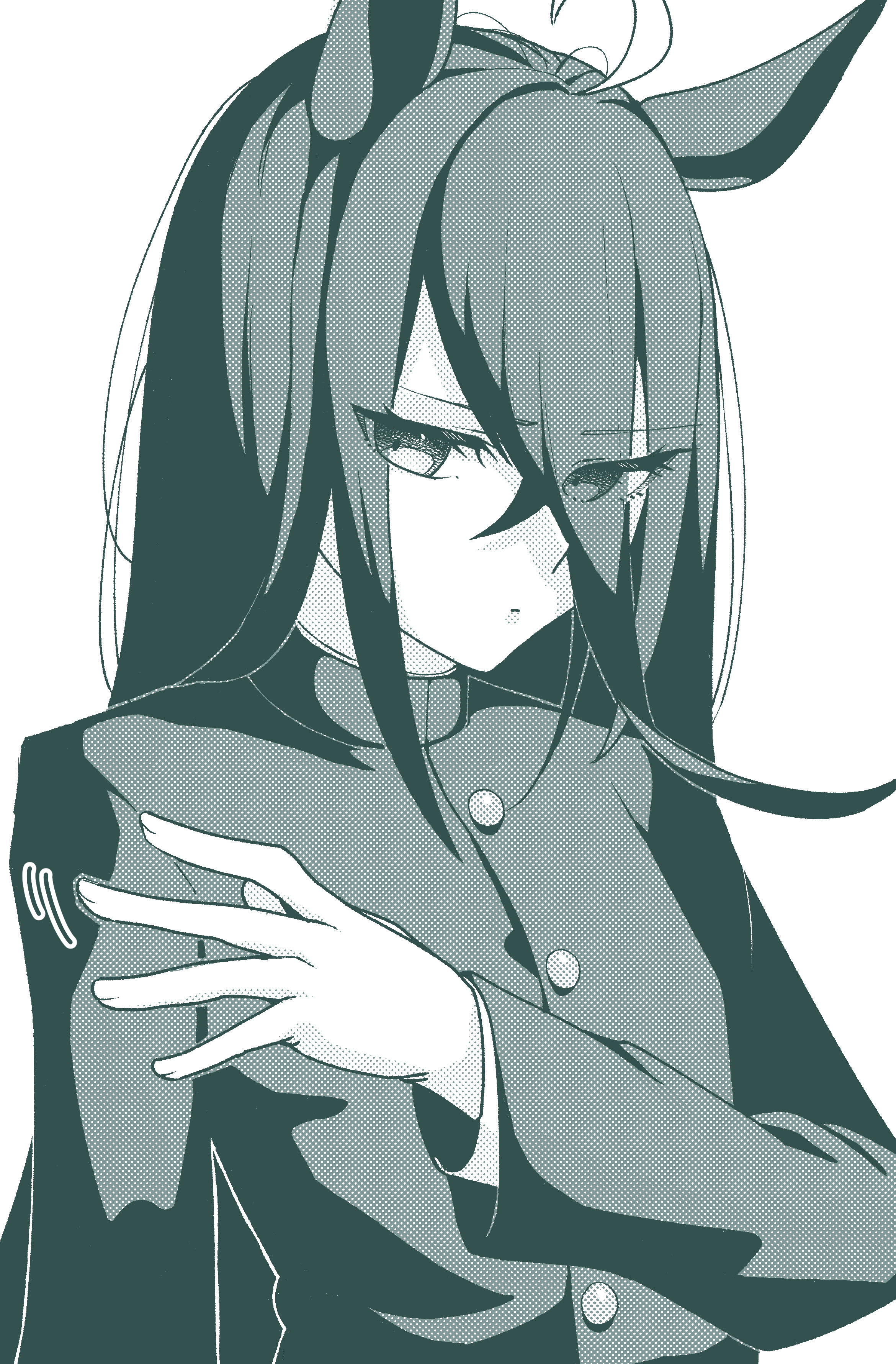 a4 (a4 eishi), manhattan cafe (umamusume), umamusume, absurdres, highres, 1girl, ahoge, animal ears, crossdressing, crossdressing (ftm), eyes visible through hair, hair between eyes, hand up, horse ears, horse girl, jacket, long bangs, long hair, long hair between eyes, long sleeves, motion lines, multicolored hair, solo, very long hair