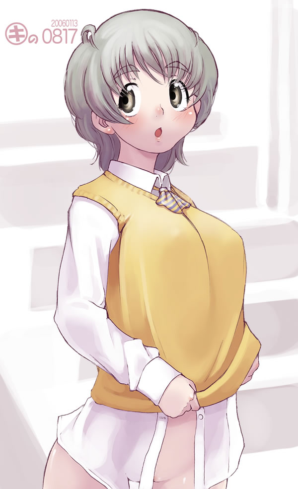 kei jiei, 1girl, blush, bottomless, breasts, cowboy shot, dated, female focus, huge breasts, open mouth, short hair, solo, sweater vest