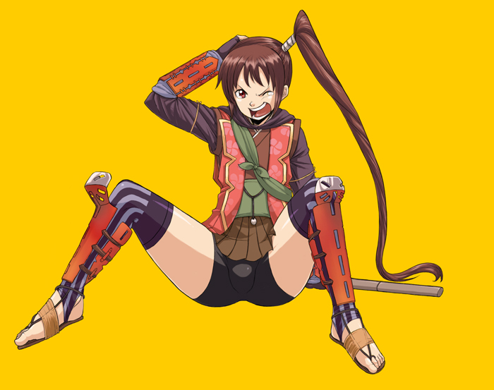 yagyu jubei akane, yagyuu juubei (dawn of dreams), capcom, onimusha, onimusha: dawn of dreams, 1girl, armor, bike shorts, boots, brown hair, feet, female focus, gloves, japanese armor, japanese clothes, long hair, open mouth, ponytail, samurai, sheath, sheathed, side ponytail, simple background, sitting, solo, spandex, spread legs, suneate, sword, teardrop, thigh boots, thighhighs, toes, weapon, wince, yellow background