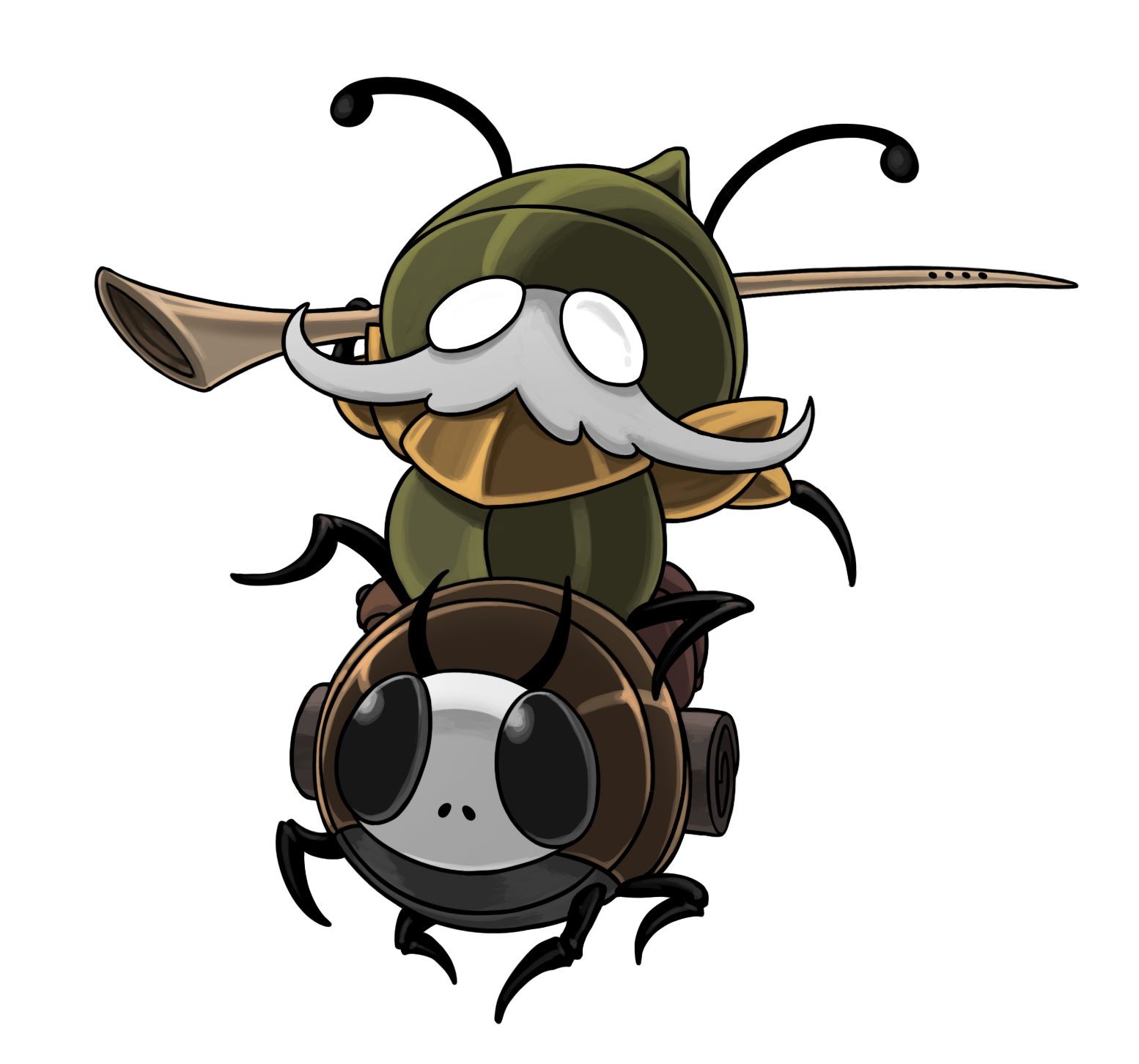hollow knight, hollow knight: silksong, highres, official art, 1boy, 1other, antennae, ari gibson, armor, black skin, blank eyes, bug, colored skin, facial hair, garmond (hollow knight), green helmet, helmet, holding, holding instrument, holding weapon, instrument, long mustache, mustache, no mouth, over shoulder, riding, transparent background, weapon, weapon over shoulder, white facial hair, zaza (hollow knight)