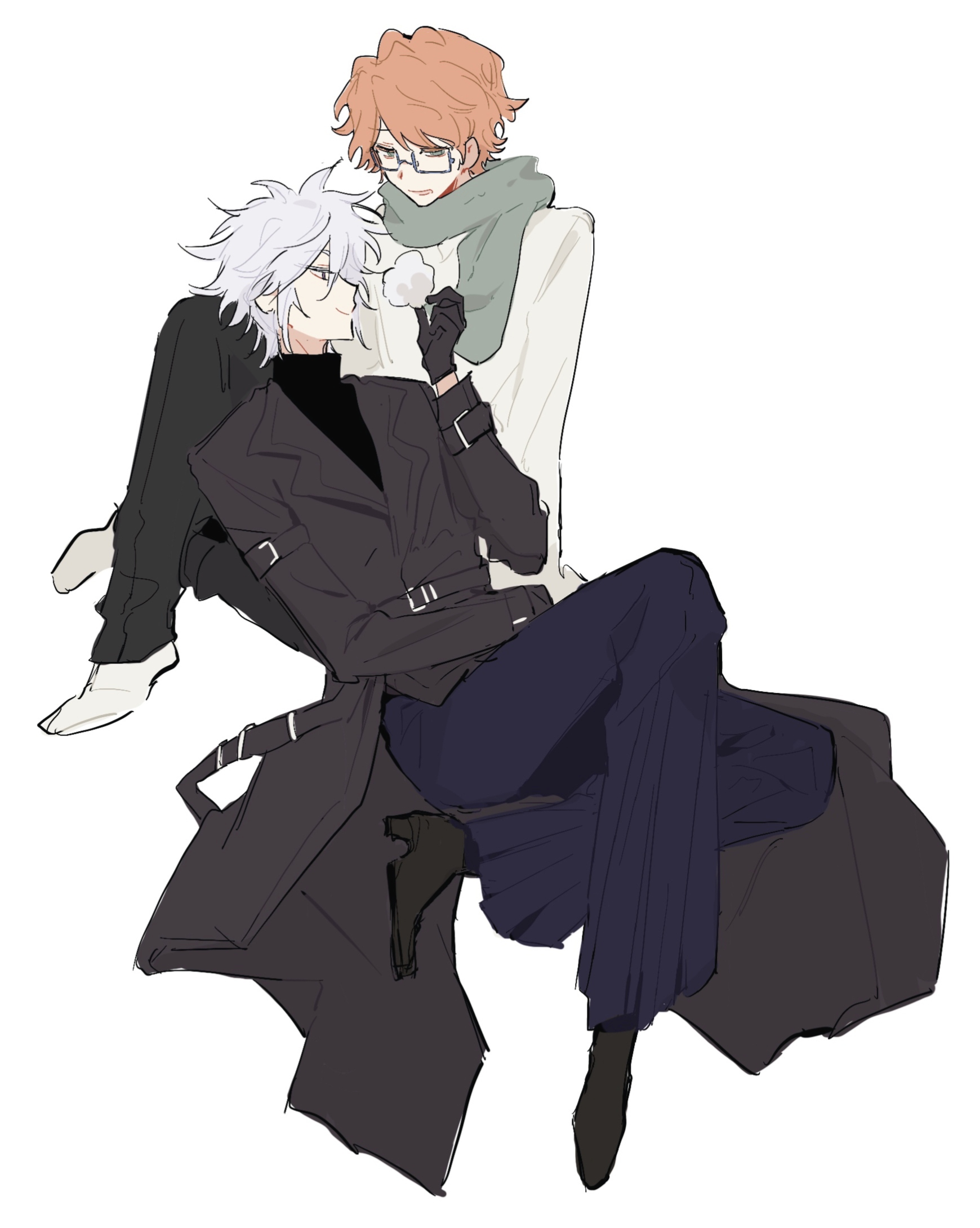 fantasticfish, byakuran, irie shoichi, katekyo hitman reborn!, highres, 2boys, belt, black coat, black pants, coat, crossed legs, frilled pants, frills, full body, glasses, green eyes, holding, long coat, long sleeves, looking at another, looking at object, lying, lying on lap, lying on person, multiple boys, on back, open clothes, open coat, orange hair, pants, pom pom (clothes), purple eyes, rectangular eyewear, scarf, semi-rimless eyewear, shoes, short hair, smile, socks, spiked hair, sweater, trench coat, turtleneck, white hair, white socks, yaoi