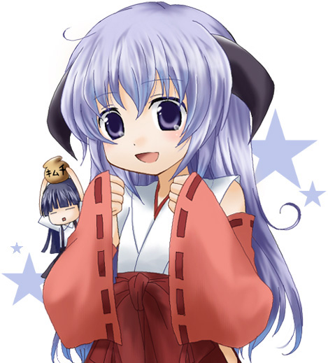 furude rika, hanyuu, higurashi no naku koro ni, 00s, 2girls, blue eyes, blue hair, hakama, hakama skirt, horns, japanese clothes, miko, multiple girls, open mouth, purple eyes, red hakama, skirt, star (symbol)