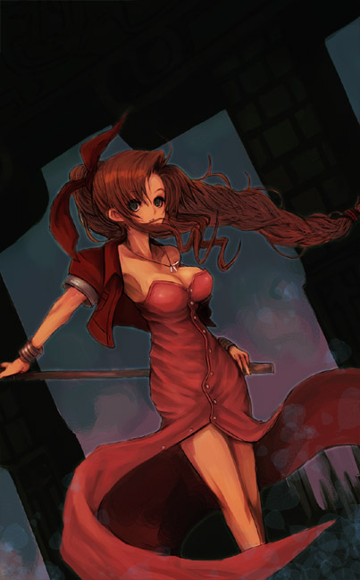 kara (color), aerith gainsborough, final fantasy, final fantasy vii, 1990s (style), 1girl, bracelet, breasts, brown hair, cleavage, cropped jacket, dress, female focus, jacket, jewelry, legs, long hair, necklace, pink dress, retro artstyle, ribbon, solo, staff