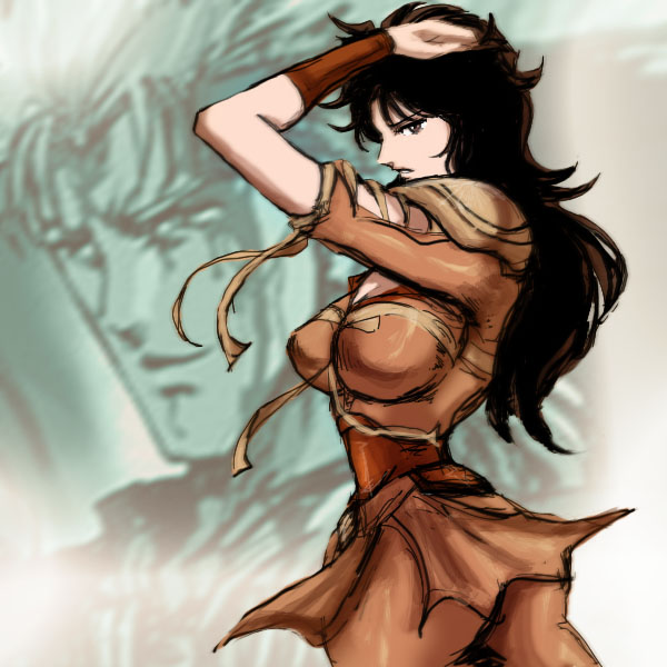 mamiya (hokuto no ken), hokuto no ken, hands in hair, uniform, 1boy, 1girl, arms up, belt, black hair, breasts, brown pantyhose, closed mouth, from side, large breasts, long hair, looking at viewer, pantyhose, profile, short sleeves, smirk, tattoo