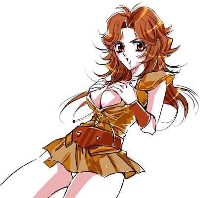 mamiya (hokuto no ken), hokuto no ken, lowres, 1girl, breasts, brown hair, cleavage, female focus, grabbing another's breast, groping, holding, orange eyes, panties, pantyshot, sideboob, solo, underwear