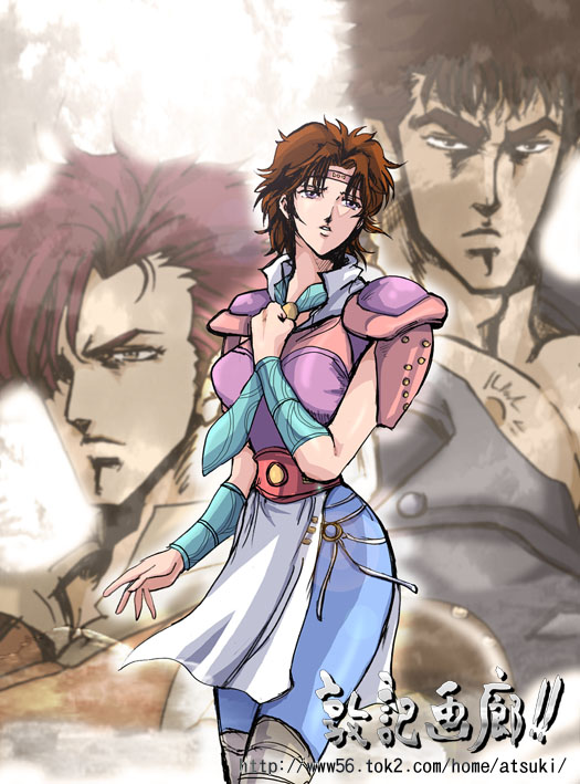 bat (hokuto no ken), kenshiro, lin (hokuto no ken), hokuto no ken, hokuto no ken 2, 1girl, 2boys, belt, black hair, brown hair, burt, collarbone, cowboy shot, expressionless, hair over one eye, hand on own chest, loincloth, looking at viewer, multiple boys, muscular, pink hair, short hair, shoulder pads, standing, tattoo
