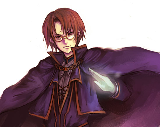 kara (color), lezard valeth, valkyrie profile (series), 1boy, brown hair, cape, glasses, gloves, magic, male focus, simple background, solo, upper body, white background