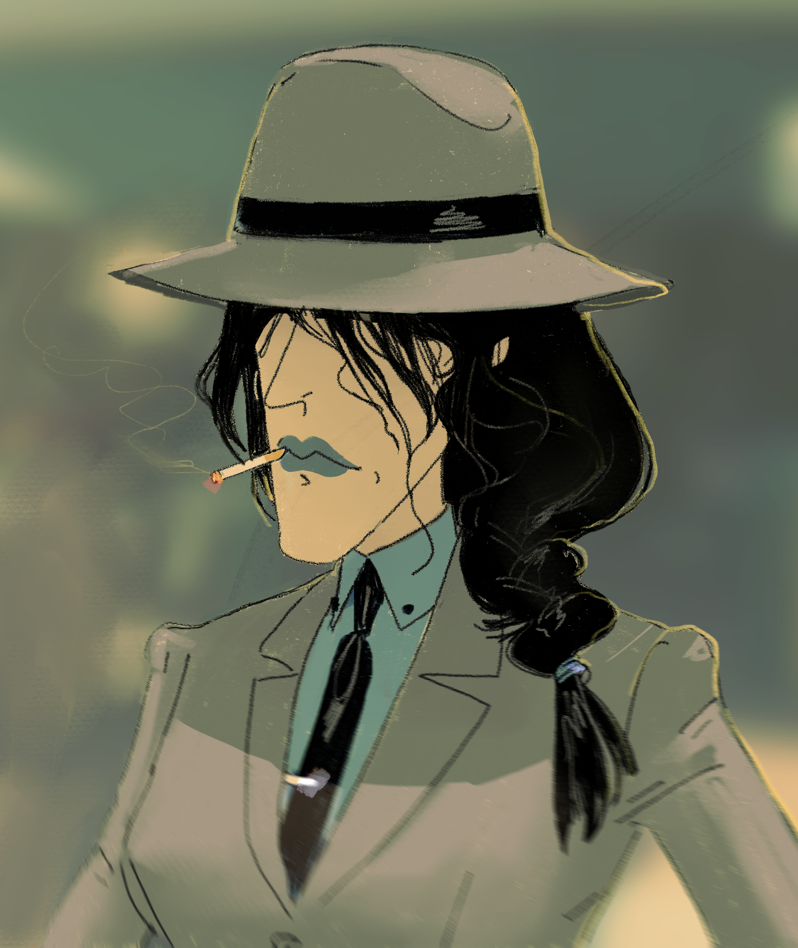 weegeemeister, jigen daisuke, lupin iii, absurdres, highres, 1girl, black hair, black necktie, blurry, blurry background, brown hair, brown suit, cigarette, formal clothes, genderswap, genderswap (mtf), grey lips, lipstick, long hair, makeup, mouth hold, necktie, smoke, smoking, solo, suit, tie clip, upper body