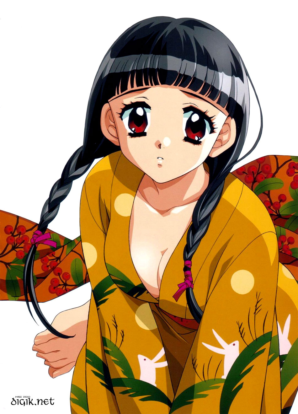 kadoi aya, original, highres, 1girl, barefoot, black hair, braid, breasts, cleavage, female focus, hair over shoulder, japanese clothes, kimono, medium breasts, red eyes, sideboob, solo, twin braids, watermark