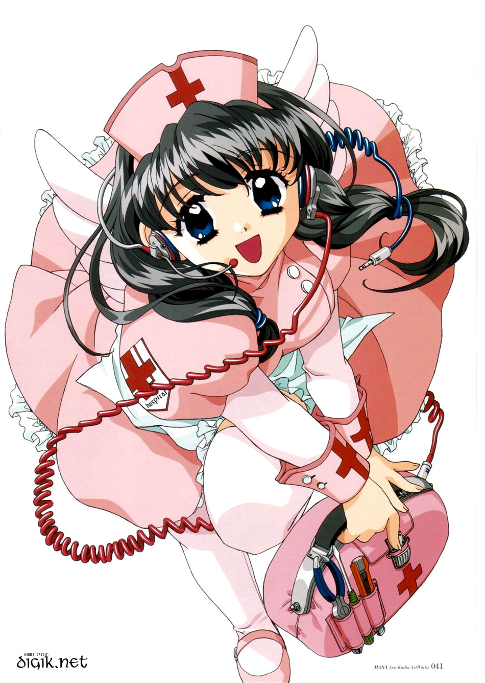 kadoi aya, highres, 1girl, angel, black hair, blue eyes, cable, female focus, first aid kit, headphones, headset, nurse, pink shoes, shoes, simple background, solo, tools, watermark, web address, white background, wings
