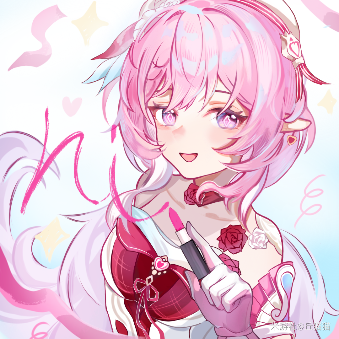 elysia (hi elf of love) (honkai impact), elysia (honkai impact), honkai (series), honkai impact 3rd, chinese commentary, commentary request, 1girl, bare shoulders, breasts, cosmetics, diamond-shaped pupils, diamond (shape), dress, earrings, elf, heart, heart earrings, holding, holding lipstick tube, jewelry, lipstick tube, long hair, looking at viewer, medium breasts, miyoushe watermark, multicolored hair, open mouth, pink hair, pointy ears, purple eyes, qiumao, red dress, solo, symbol-shaped pupils, two-tone hair, very long hair, watermark, white background, white hair