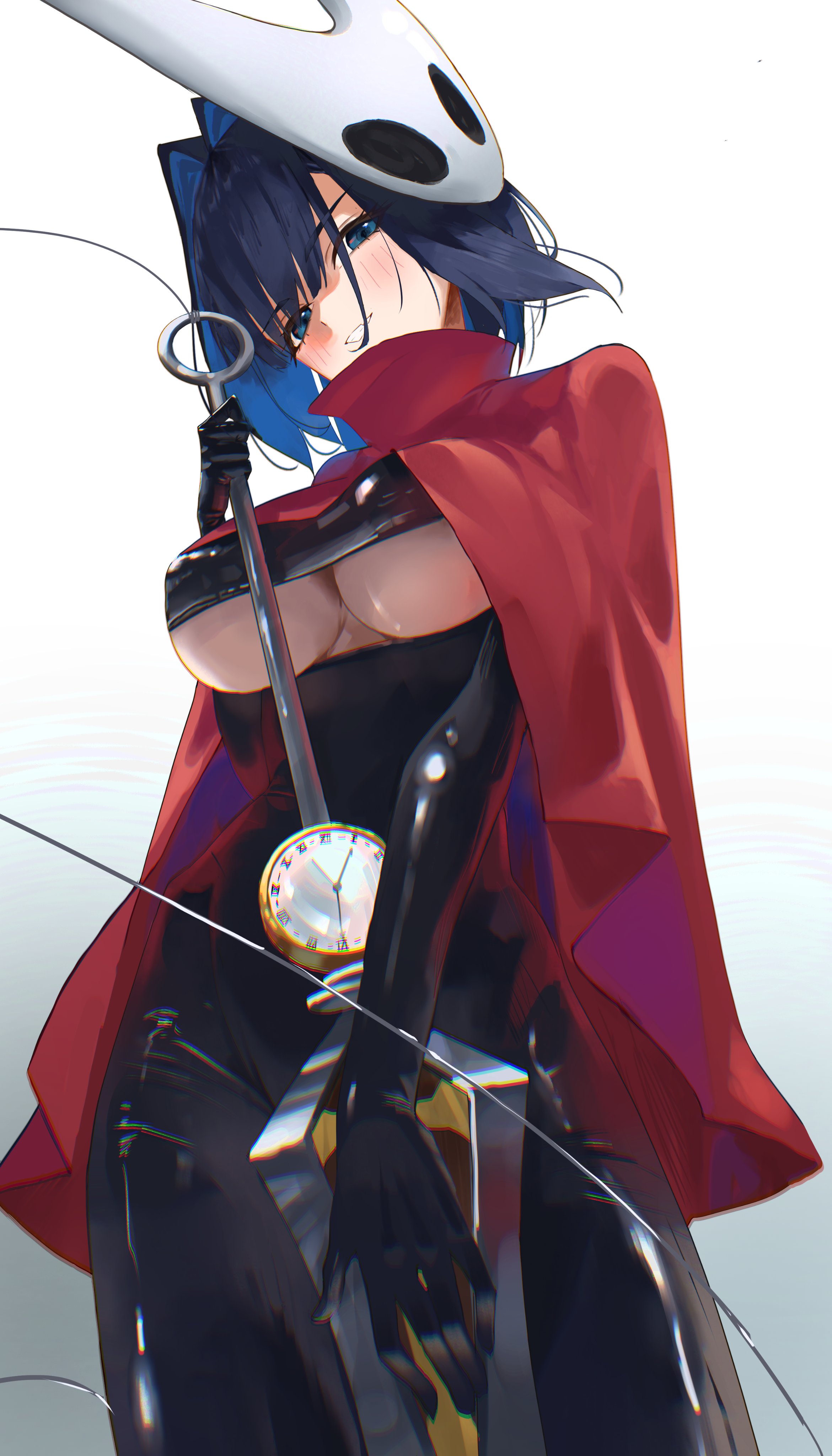 zargaz, hornet (hollow knight), ouro kronii, hollow knight, hollow knight: silksong, hololive, hololive english, absurdres, hashtag-only commentary, highres, 1girl, black bodysuit, black hair, blue eyes, blue hair, blunt bangs, blush, bodysuit, breasts, cloak, clock, clothing cutout, colored inner hair, cosplay, covered underboob, grin, hair intakes, hair over one eye, holding, holding weapon, horned mask, hornet (hollow knight) (cosplay), large breasts, looking at viewer, mask, mask on head, multicolored hair, needle (hollow knight), red cloak, short hair, simple background, smile, solo, teeth, underboob, underboob cutout, virtual youtuber, weapon, white background, white mask, wire