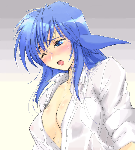 yagisaka seto, follower (yagisaka seto), original, lowres, 1girl, animal ears, blue eyes, blue hair, blush, breasts, cleavage, female focus, genderswap, genderswap (mtf), large breasts, matching hair/eyes, oekaki, one eye closed, open mouth, see-through clothes, shirt, sleeves rolled up, solo, sweat, white shirt, wink