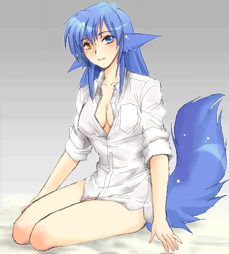yagisaka seto, follower (yagisaka seto), original, lowres, 1girl, animal ears, blue hair, breasts, cleavage, fang, female focus, genderswap, genderswap (mtf), heterochromia, large breasts, oekaki, open clothes, open shirt, shirt, sleeves rolled up, smile, solo, tail, white shirt