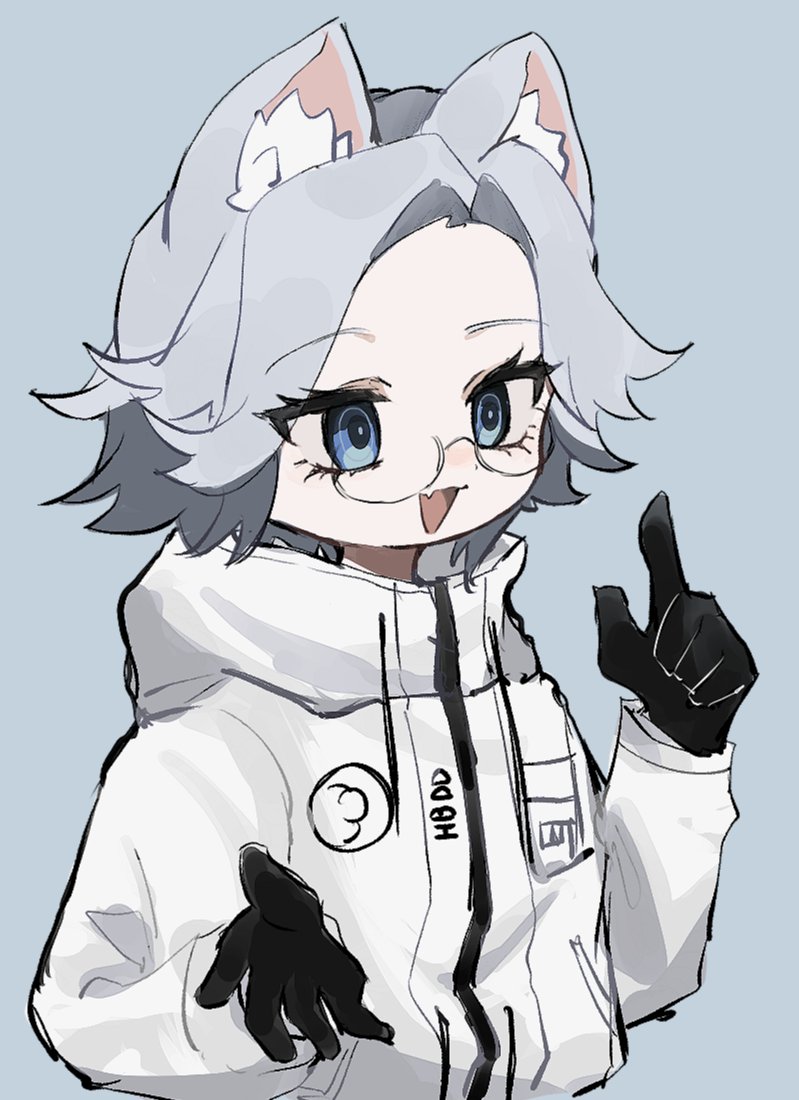 sparrowhabird, aotsuki eito, the hundred line -last defense academy-, 1boy, animal ear fluff, animal ears, black gloves, blue background, blue eyes, breast pocket, cat boy, cat ears, fang, glasses, gloves, grey hair, jacket, kemonomimi mode, looking ahead, male focus, open mouth, pocket, pointing, pointing up, short hair, simple background, skin fang, solo, upper body, white jacket