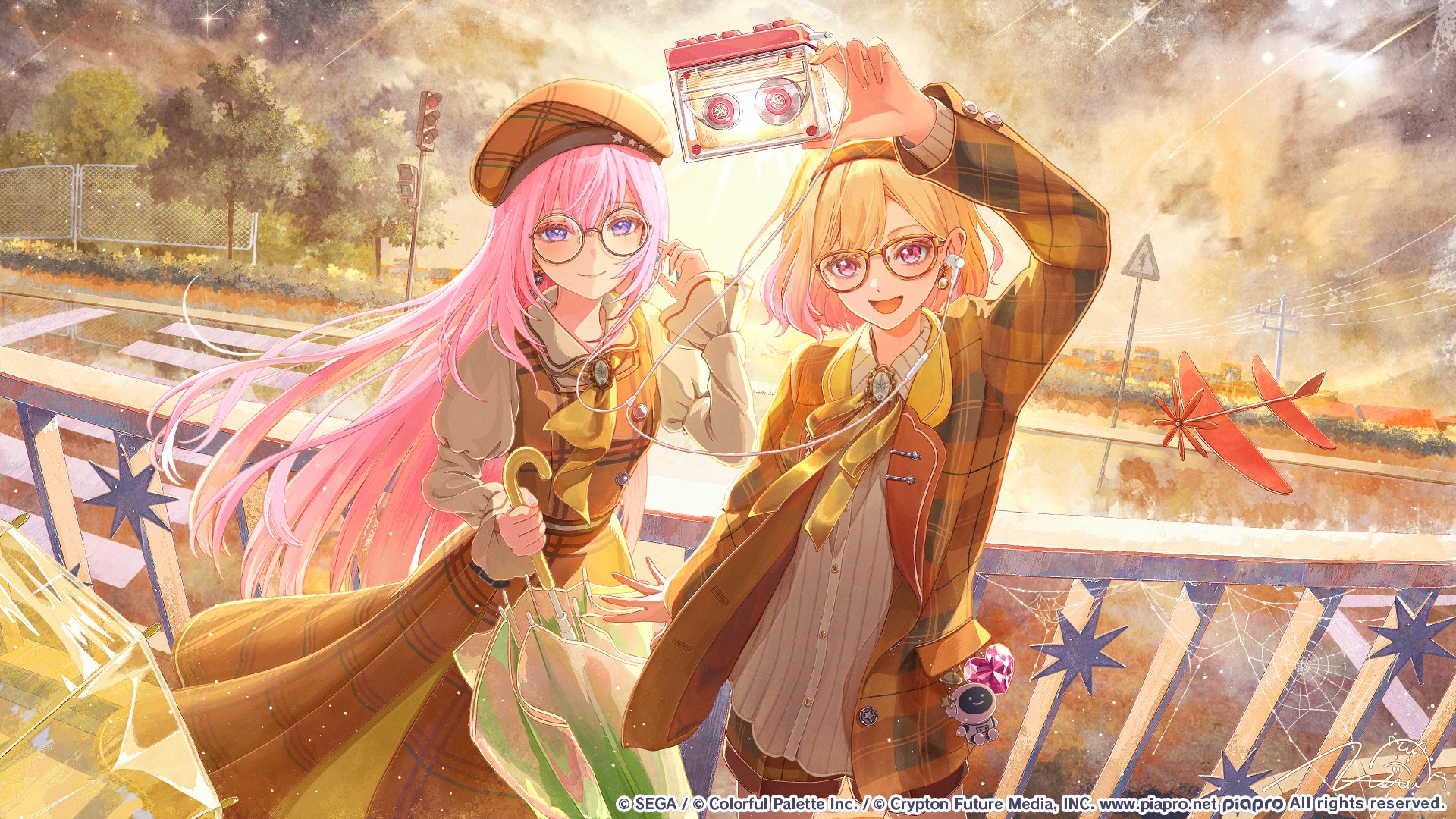 nakauma, leo/need luka, megurine luka, tenma saki, project sekai, vocaloid, commentary request, highres, official art, second-party source, 2girls, blonde hair, blue nails, brown-framed eyewear, brown dress, brown hairband, brown hat, brown jacket, charm (object), company name, copyright notice, dress, earbuds, earphones, glasses, gradient hair, grey-framed eyewear, guest art, hairband, happy enjoy music! (project sekai), hat, heart, holding, holding umbrella, jacket, long hair, looking at viewer, medium hair, multicolored hair, multiple girls, official alternate costume, official alternate hair length, official alternate hairstyle, pink eyes, pink hair, plaid clothes, plaid dress, plaid jacket, purple eyes, ribbon, round eyewear, signature, silk, spider web, star (symbol), traffic light, tree, umbrella, yellow ribbon