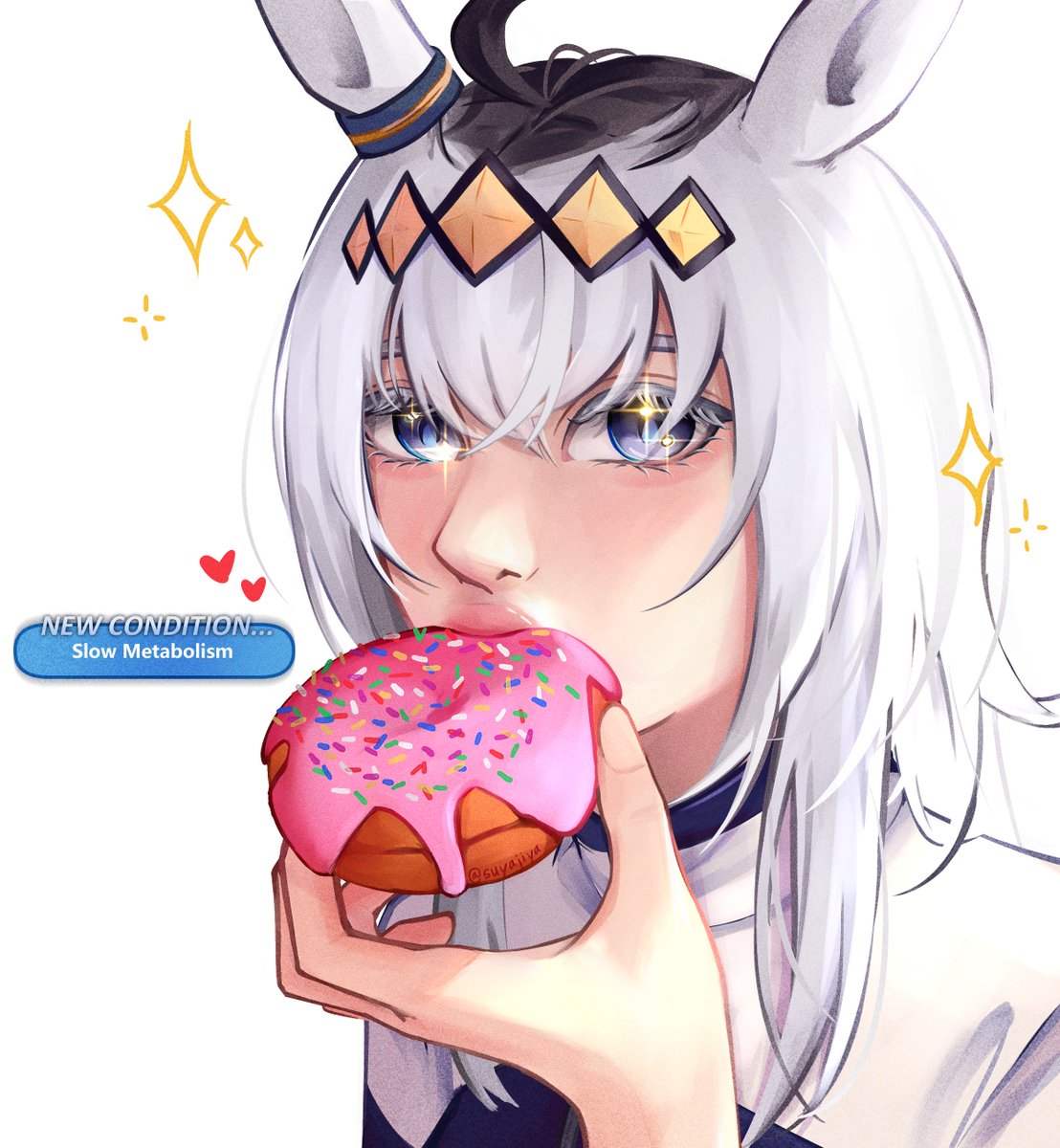 oguri cap (umamusume), umamusume, umamusume: cinderella gray, highres, 1girl, ahoge, animal ears, blue eyes, donut, eating, food, gameplay mechanics, grey hair, hair between eyes, hair ornament, hairband, heart, holding, holding donut, holding food, horse ears, horse girl, jacket, kasamatsu tracen training uniform, long hair, looking at viewer, multicolored hair, multicolored jacket, purple jacket, solo, star (symbol), star in eye, suyajiya, symbol in eye, track jacket, track suit, two-tone jacket, upper body