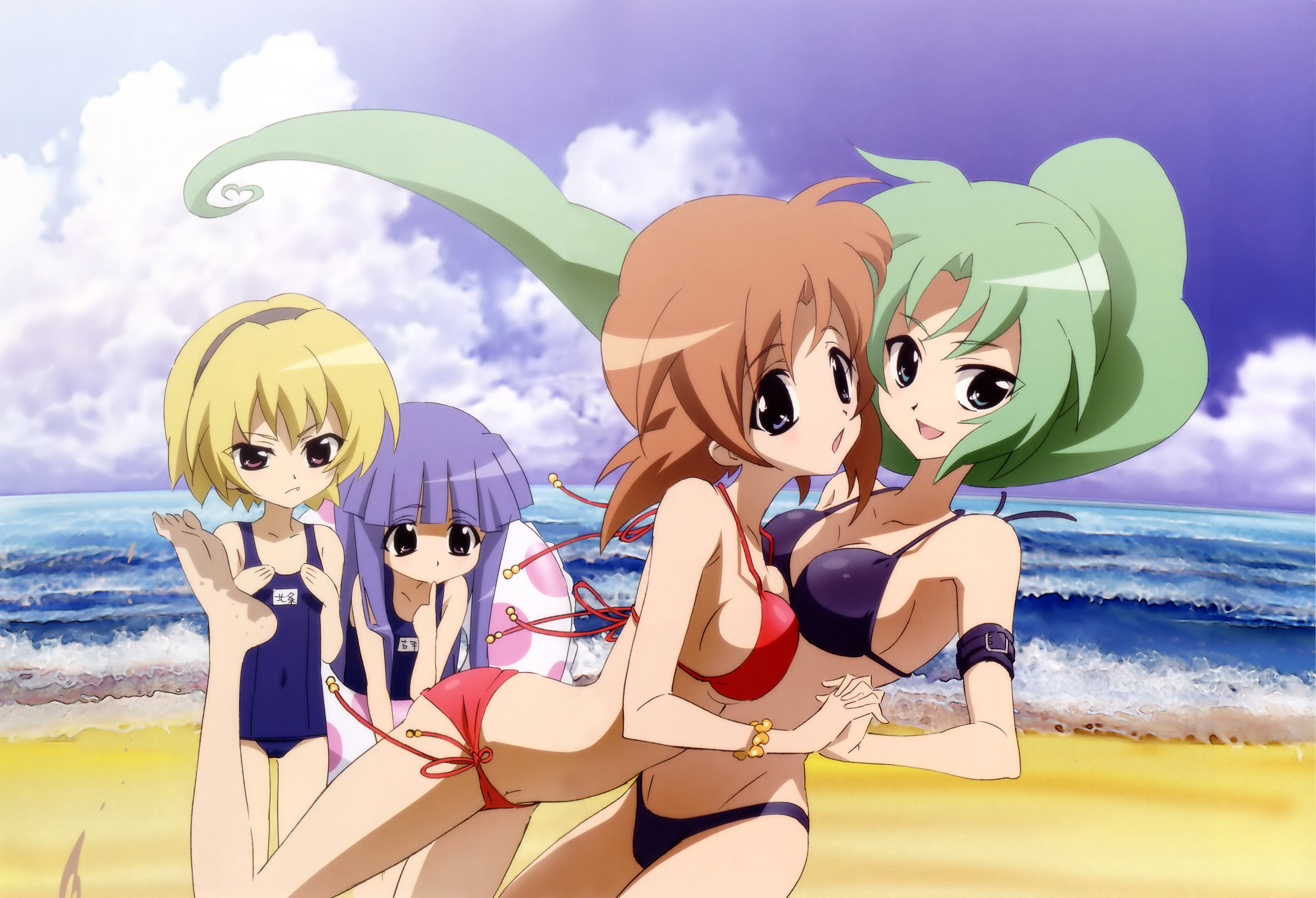 sakai kyuuta, furude rika, houjou satoko, ryuuguu rena, sonozaki mion, higurashi no naku koro ni, absurdres, highres, official art, scan, 00s, 4girls, :d, :o, age difference, ahoge, annoyed, aqua eyes, arched back, armband, armpits, barefoot, beach, beads, bikini, black bikini, blonde hair, blue eyes, blue hair, blue sky, blunt bangs, blush, bracelet, breast envy, breast press, breasts, brown hair, buckle, cleavage, cloud, covered navel, cowboy shot, day, fang, feet, finger to mouth, flat chest, floating hair, frown, green hair, groin, hairband, holding hands, innertube, jealous, jewelry, large breasts, leaning back, leaning forward, leg lift, loli, long hair, lowleg, lowleg bikini, multiple girls, name tag, navel, ocean, one-piece swimsuit, open mouth, outdoors, parted bangs, polka dot, ponytail, profile, purple eyes, red bikini, sand, school swimsuit, short hair, side-tie bikini bottom, sideboob, sidelocks, sky, smile, soles, standing, staring, strap gap, swim ring, swimsuit, symmetrical docking, underboob, very long hair, water, yuri