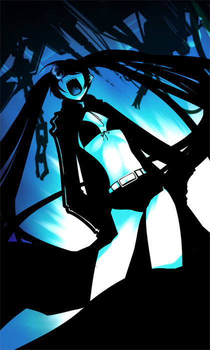 chado, black rock shooter (character), hatsune miku, black rock shooter, vocaloid, 10s, 1girl, belt, bikini, bikini top only, black hair, blue eyes, blue theme, chain, coat, female focus, flat chest, from below, front-tie top, glowing, glowing eyes, hood, hooded jacket, jacket, long hair, midriff, monochrome, no eyes, open mouth, pale skin, short shorts, shorts, solo, swimsuit, twintails, uneven twintails, very long hair