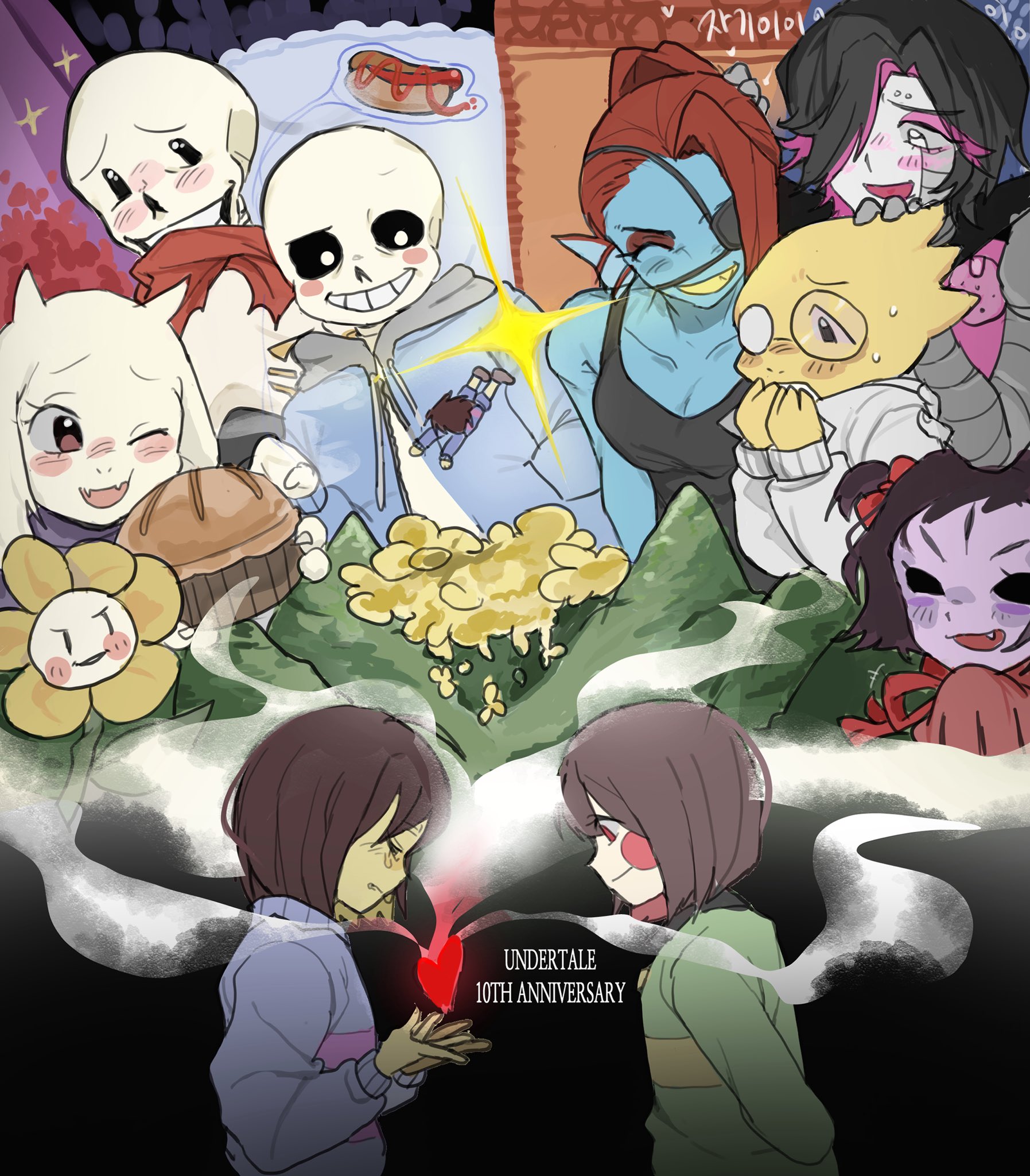 yx won2, flowey (undertale), mettaton, mettaton ex, muffet, papyrus (undertale), sans (undertale), undertale, utdr (toby fox), commentary, hashtag-only commentary, highres, translation request, android, anniversary, black hair, black tank top, blue jacket, blue skin, blue sweater, blush stickers, bow, brown hair, colored skin, copyright name, english text, eyepatch, fang, fangs, fins, flower, food, glasses, goat girl, green sweater, hair bow, hair over one eye, head fins, heart, holding, holding food, hot dog, jacket, korean text, mixed-language text, pie, pink hair, purple skin, red bow, red eyes, red hair, red scarf, scarf, short hair, smile, smoke, striped clothes, striped sweater, sweater, tank top, yellow flower, yellow skin