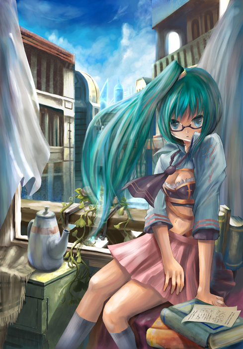 inoue kakeru, book, glasses, green hair, long hair, ponytail, ribbon, skirt, solo
