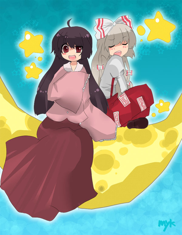 miyako (xxxbibit), myk, fujiwara no mokou, houraisan kaguya, touhou, bad id, bad pixiv id, 2girls, black hair, female focus, long hair, moon, multiple girls, ribbon, star (symbol), star symbol background, white hair