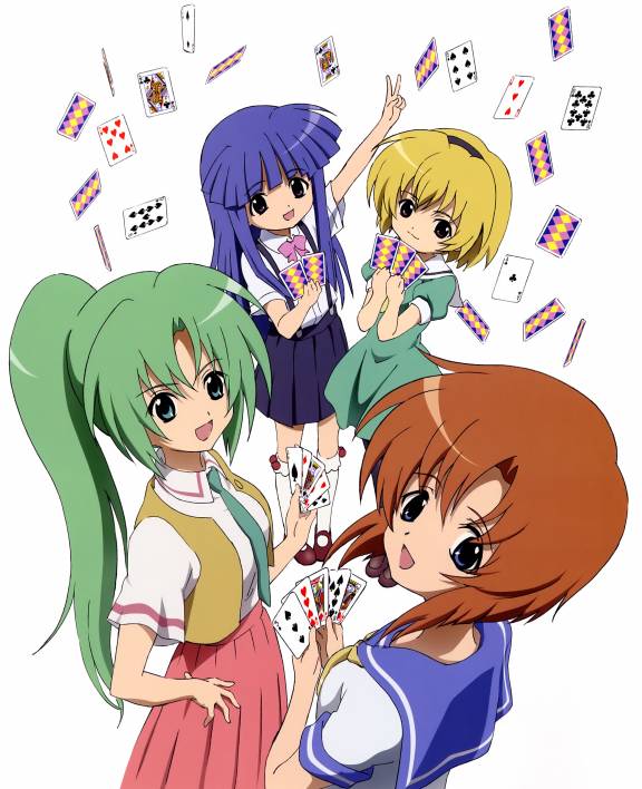 furude rika, houjou satoko, ryuuguu rena, sonozaki mion, higurashi no naku koro ni, blonde hair, blue eyes, blue hair, card, green eyes, green hair, orange hair