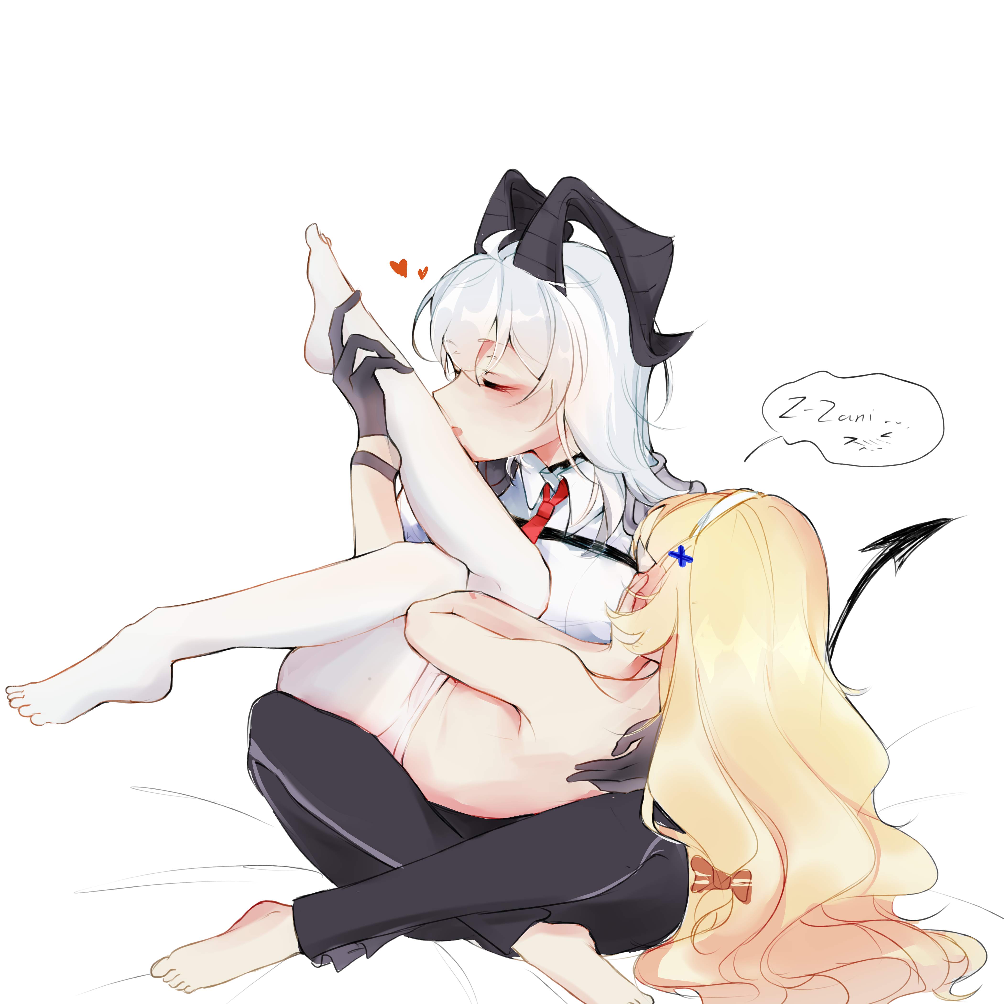 mikori, phoebe (wuthering waves), zani (wuthering waves), wuthering waves, absurdres, commentary, english commentary, highres, 2girls, barefoot, black gloves, blonde hair, blush, closed eyes, collared shirt, covering face, demon horns, demon tail, gloves, hairband, hand on another's leg, heart, horns, kissing leg, long hair, lying on lap, multiple girls, necktie, pantyhose, red necktie, shirt, simple background, speech bubble, tail, toes, topless female, white background, white hair, white hairband, white pantyhose, white shirt, yuri