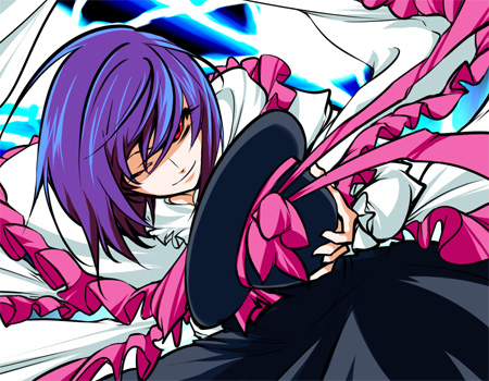 chado, nagae iku, touhou, lowres, 1girl, female focus, hat, purple hair, ribbon, short hair, solo, thighhighs, unworn hat, unworn headwear, zettai ryouiki