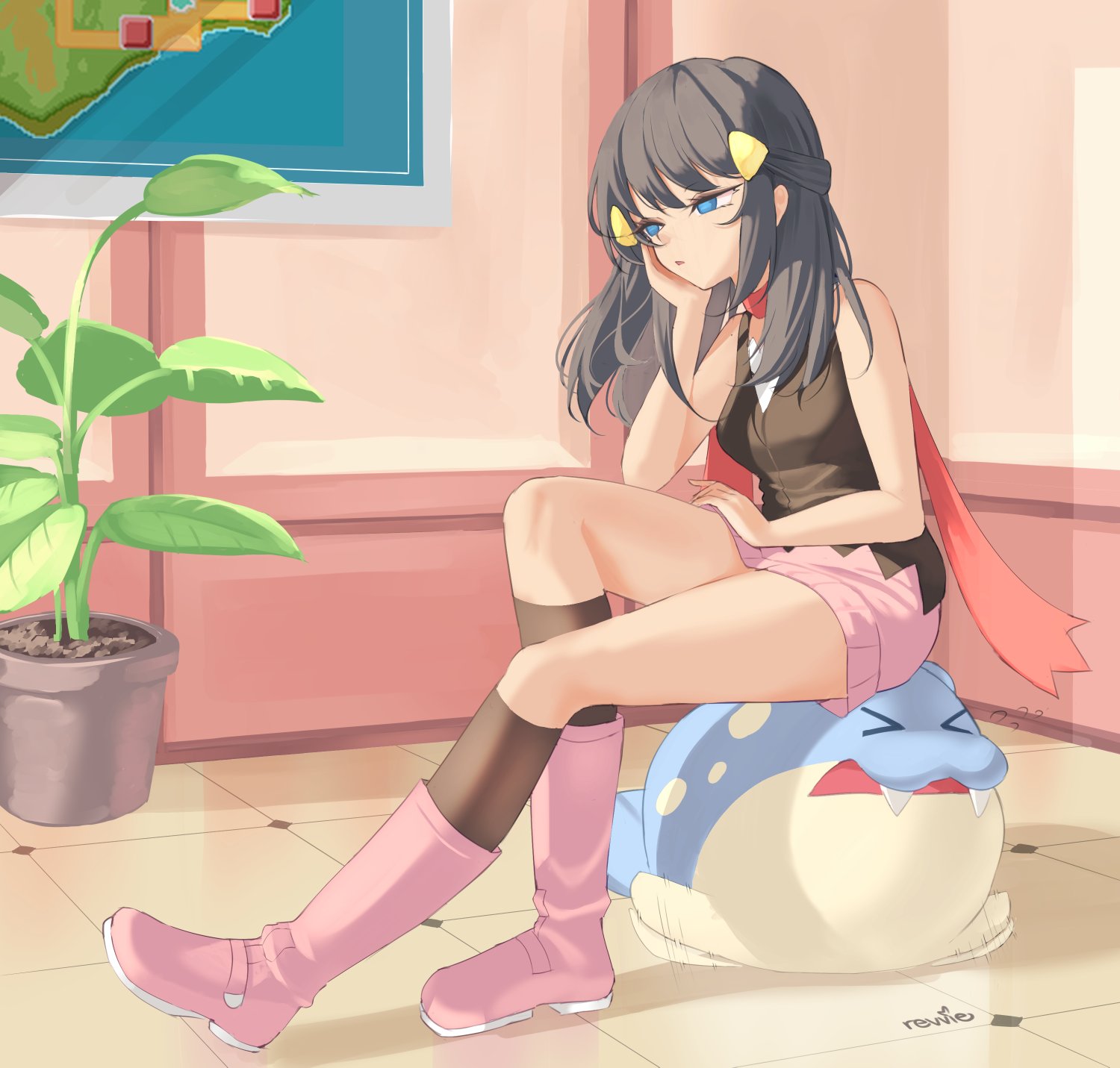 revvie, dawn (pokemon), spheal, nintendo, pokemon, pokemon dppt, highres, 1girl, black hair, black socks, blue eyes, boots, breasts, closed eyes, closed mouth, fangs, gen 3 pokemon, hair ornament, hairclip, indoors, kneehighs, long hair, map, open mouth, pink boots, pink skirt, plant, pokemon (creature), potted plant, red scarf, scarf, seal (animal), shirt, sitting on pokemon, skirt, sleeveless, socks
