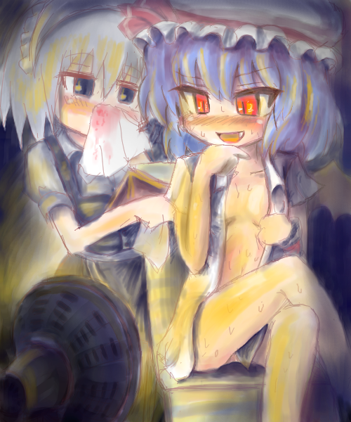 izayoi sakuya, remilia scarlet, touhou, 2girls, blood, blue hair, female focus, gradient background, maid, multiple girls, nosebleed, nude, short hair, wings