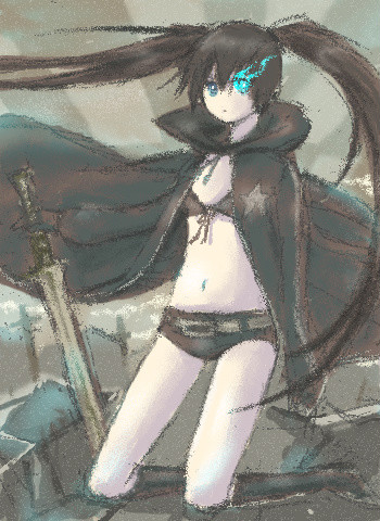kuropu, black rock shooter (character), hatsune miku, black rock shooter, vocaloid, lowres, 10s, 1girl, belt, bikini, bikini top only, black hair, blue eyes, boots, coat, cross, female focus, flat chest, front-tie top, full body, gloves, glowing, glowing eyes, hood, hooded jacket, jacket, katana, knee boots, kuropo, latin cross, long hair, midriff, navel, pale skin, short shorts, shorts, solo, star (symbol), swimsuit, sword, twintails, uneven twintails, very long hair, weapon, zipper